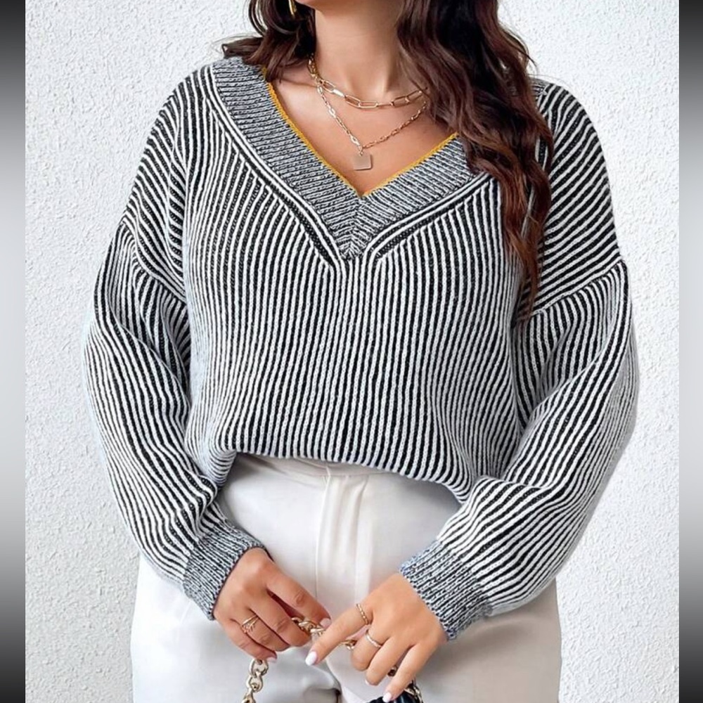 Plus size striped V neck sweater top - Picture 3 of 12